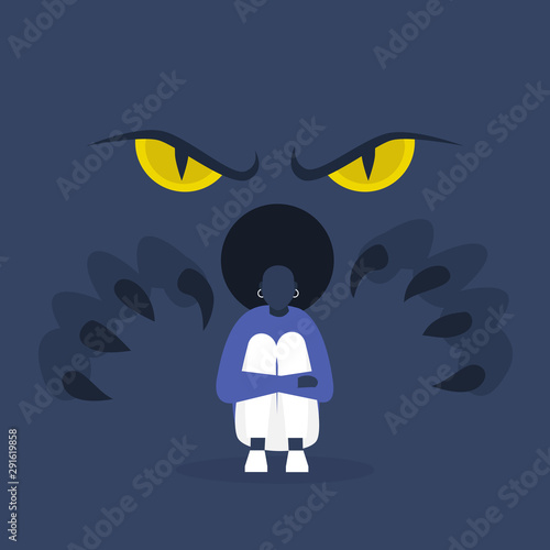 Fear, conceptual illustration. Big yellow eyes and huge claws behind the character's back. Panic attack. Mental health. Modern lifestyle. Flat editable vector.
