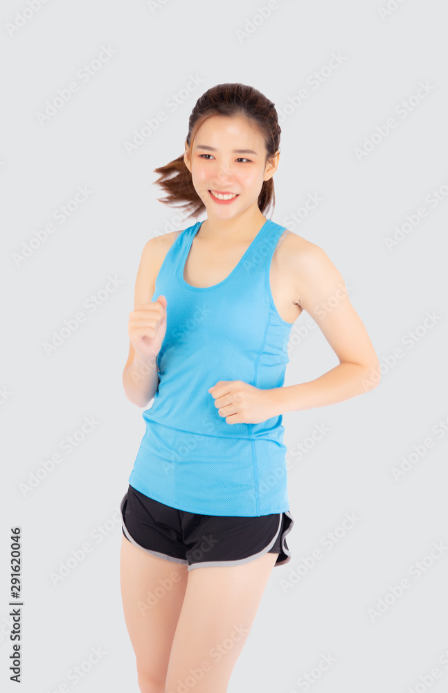 Beautiful young asian woman happy and smiling jogging isolated on white background, asia girl cheerful in sport is activity exercise cardio and workout with running for healthy, health concept. Beautiful young asian woman happy and smiling jogging isolated on white background, asia girl cheerful in sport is activity exercise cardio and workout with running for healthy, health concept.