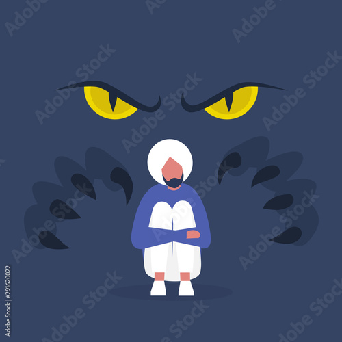 Fear, conceptual illustration. Big yellow eyes and huge claws behind the character's back. Panic attack. Mental health. Modern lifestyle. Flat editable vector.