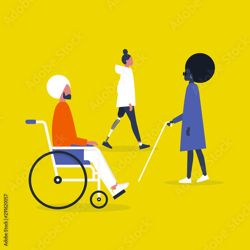 Modern disabled people. Indian man sitting in a wheelchair. Caucasian woman with a prosthetic lower limb. Black female sightless character wearing dark shades and holding a cane.