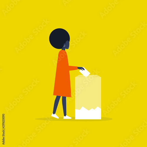 Transparent voting, conceptual illustration. Young black female character participating in elections / flat editable vector illustration, clip art