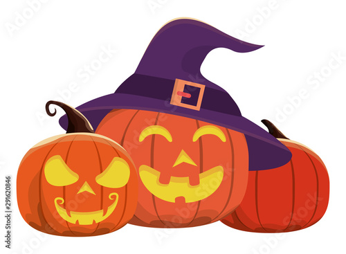 halloween pumpkins with faces and witch hats