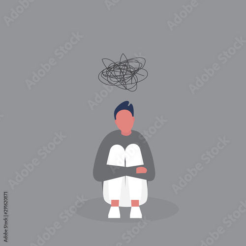 Young depressed male character hugging his knees. Stages of grief. Emotional problems. Suicidal thoughts. Mental health. Modern life of millennials. Grey colours.