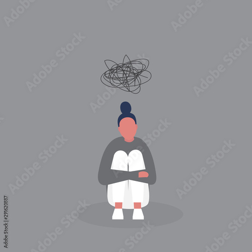 Young depressed female character hugging her knees. Stages of grief. Emotional problems. Suicidal thoughts. Mental health. Modern life of millennials. Grey colours.