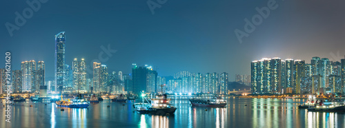 Photography Panorama of harbor of Hong Kong city at night