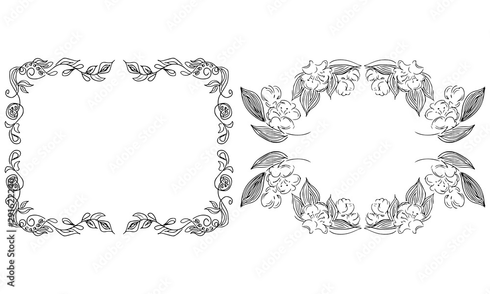 Tropical hand drawn floral frames. Outline set. Jungle foliage illustration. Floral set. Hand drawing. Vector isolated collection. Natural spring wedding card. Summer tropical leaf. Botanical frames Tropical hand drawn floral frames. Outline set. Jungle foliage illustration. Floral set. Hand drawing. Vector isolated collection. Natural spring wedding card. Summer tropical leaf. Botanical frames