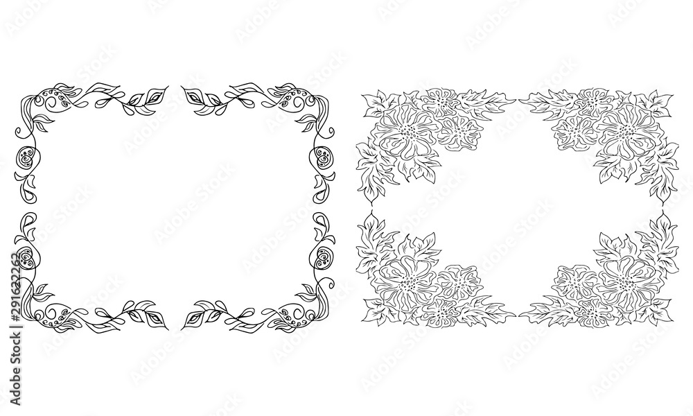 Fototapeta premium Tropical hand drawn floral frames. Outline set. Jungle foliage illustration. Floral set. Hand drawing. Vector isolated collection. Natural spring wedding card. Summer tropical leaf. Botanical frames