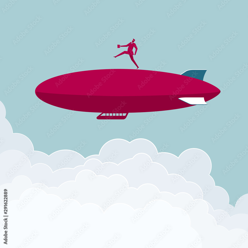 Fototapeta premium Businessman is walking on the airship. Isolated on blue background.
