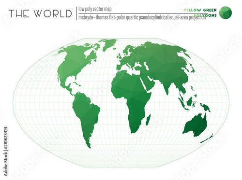 Polygonal map of the world. McBryde-Thomas flat-polar quartic pseudocylindrical equal-area projection of the world. Yellow-green colored polygons. Modern vector illustration.