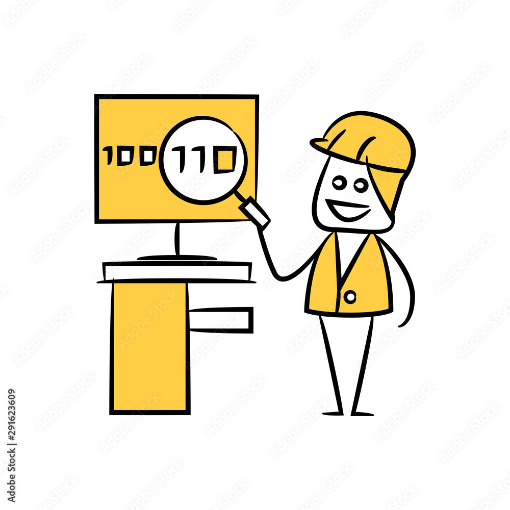 engineer use magnifier scan binary number on computer. yellow stick figure theme