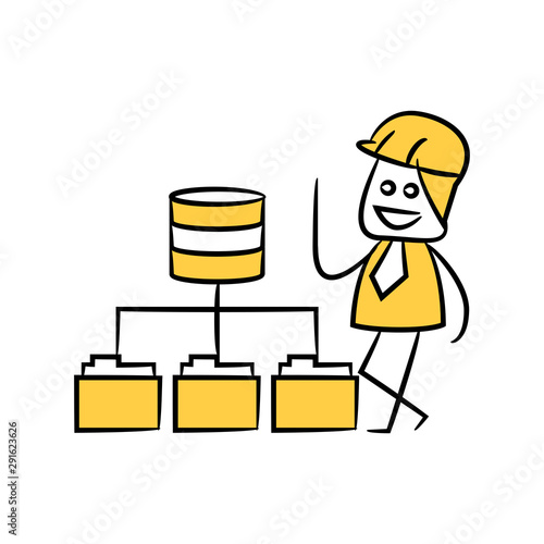 engineer and database and folders yellow stick figure theme