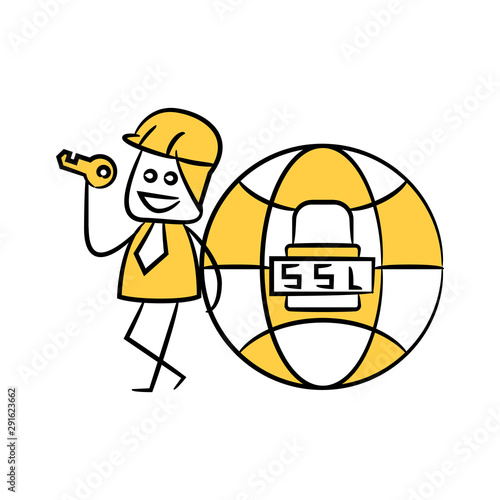 engineer holding key and globe SSL security concept yellow stick figure theme