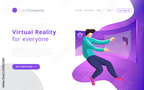 future technology man into virtual reality touching and editing interface. Easy to edit and customize. Vector illustration