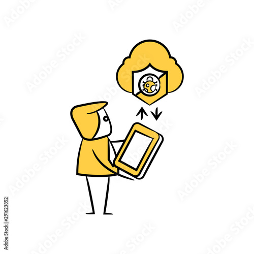 businessman using smartphone upload to cloud security concept yellow stick figure design