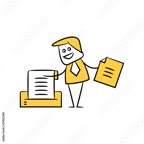 businessman standing next to printer yellow stick figure design