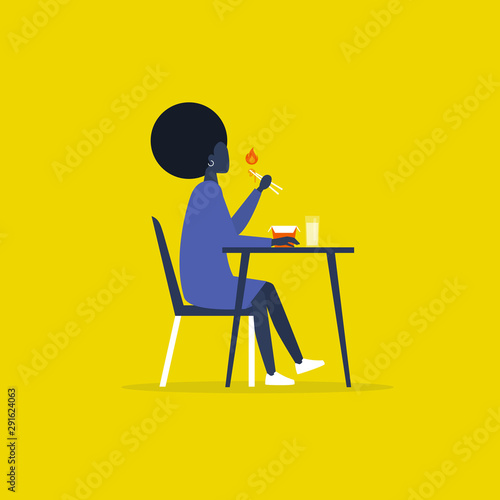 Hot spicy asian food. Fastfood to go. Noodle box. Young black female character holding chopsticks. Lunch. Daily routine. Flat editable vector illustration, clip art