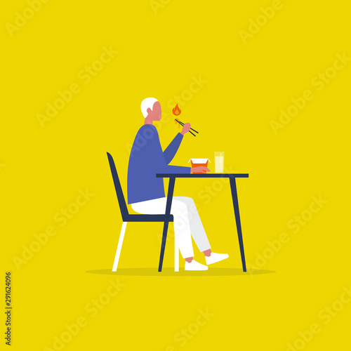 Hot spicy asian food. Fastfood to go. Noodle box. Young character holding chopsticks. Lunch. Daily routine. Flat editable vector illustration, clip art