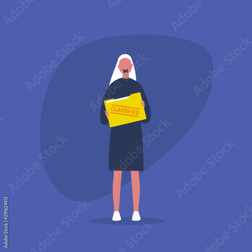 Non-disclosure agreement. Classified information. Young female character with a taped mouth holding a folder with documents