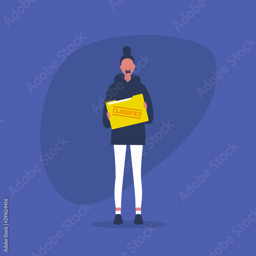 Non-disclosure agreement. Classified information. Young female character with a taped mouth holding a folder with documents