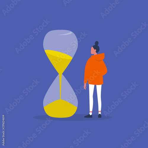 Time management. Young female character looking at the sandglass. Planning. Office work. Flat editable vector illustration, clip art