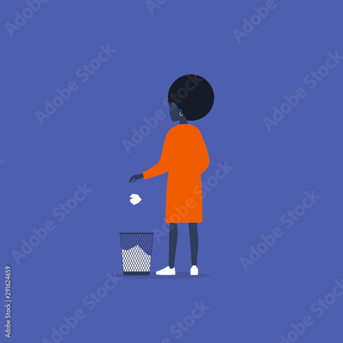 Mistakes at work. Young black female character throwing out a ball of paper. Recycling. Flat vector illustration, clip art