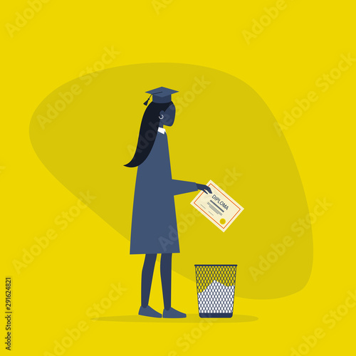 Education crisis. Disappointed black female graduate throwing out the diploma in a trash bin. Flat editable vector illustration, clip art
