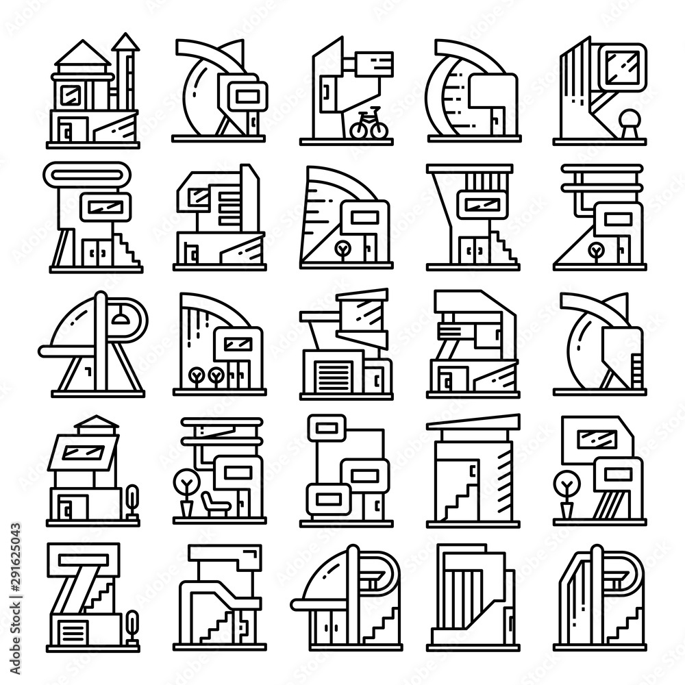 modern building and houses, modern architecture design line icons modern building and houses, modern architecture design line icons