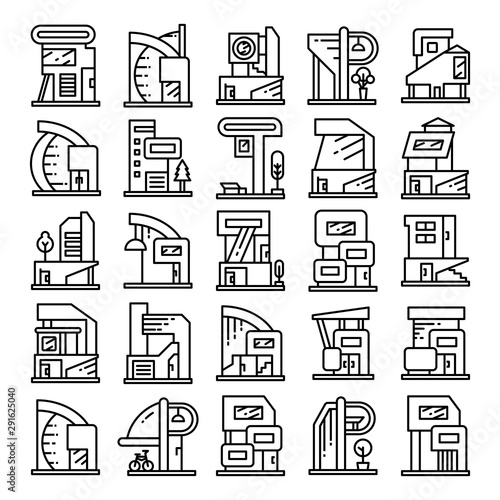 modern building and houses, modern architecture design line icons