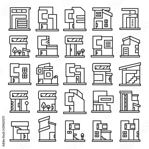 modern building and houses, modern architecture design line icons