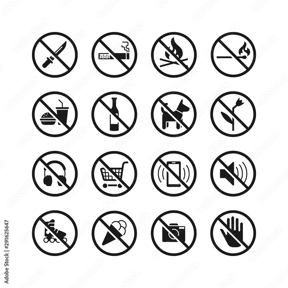 High quality prohibition signs collection isolated on white. Urban rules. Monochrome, one color, in one paint, black and white. High quality prohibition signs collection isolated on white. Urban rules. Monochrome, one color, in one paint, black and white.