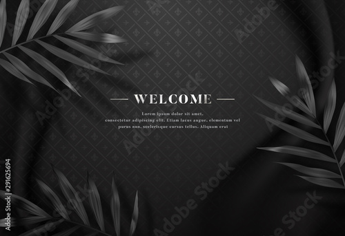 Elegant 3d black fabric drape with pattern background, tropical luxury hotel, spa, restaurant welcome letter card template