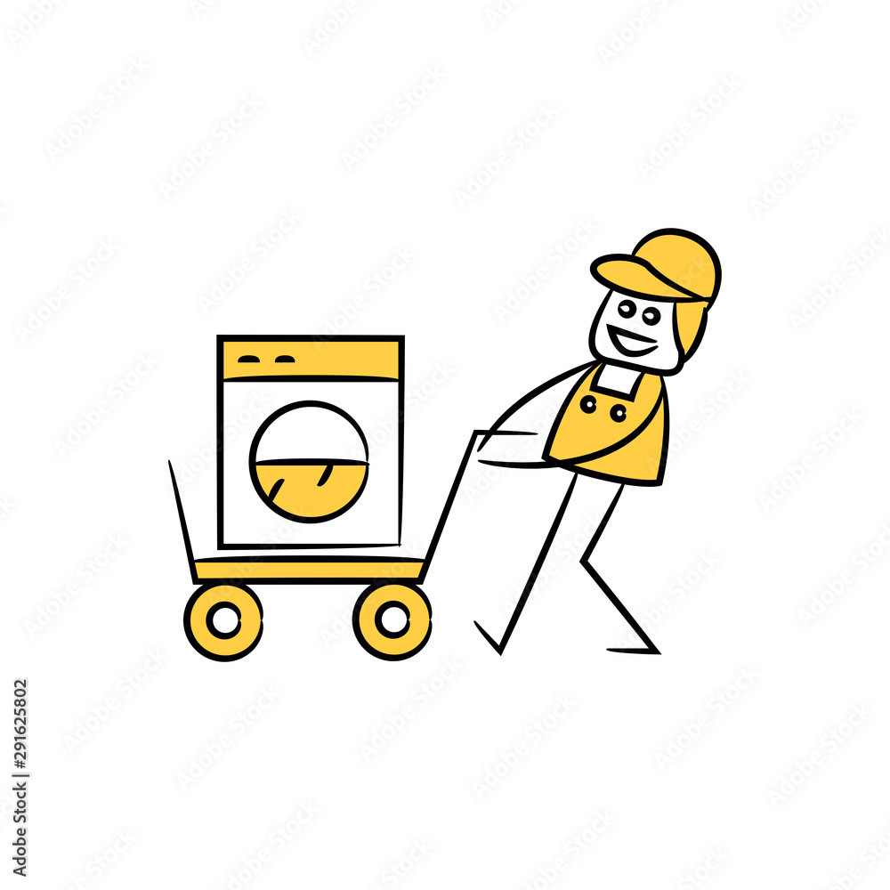 service man, delivery man carry washing machine stick figure theme