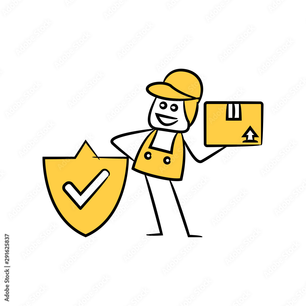 service man, delivery man holding box and shield and check mark stick figure theme