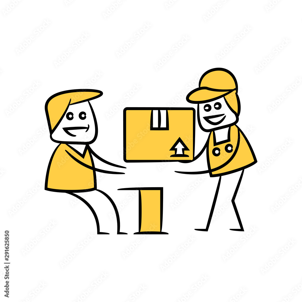 service man, delivery man giving a box to receiver stick figure theme