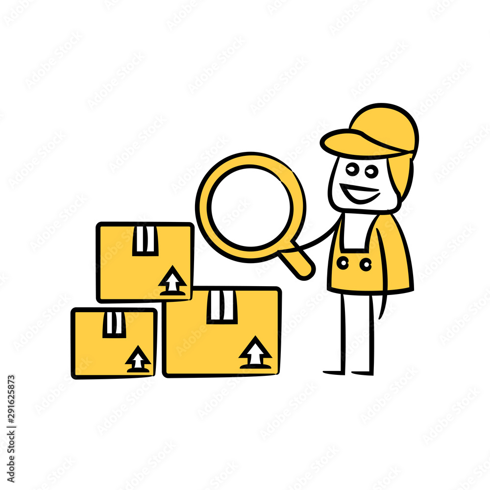 service man, delivery man use magnifier scan boxes stick figure theme service man, delivery man use magnifier scan boxes stick figure theme