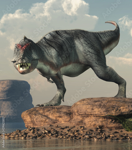 A gray and white tyrannosaurus rex grins at you. This dangerous carnivorous dinosaur of the Cretaceous period looks hungry. By an arid lake. 3D Rendering