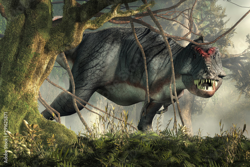 A gray and white tyrannosaurus emerges from the jungle. This dangerous carnivorous dinosaur of the Cretaceous bares his wicked teeth. 3D Rendering