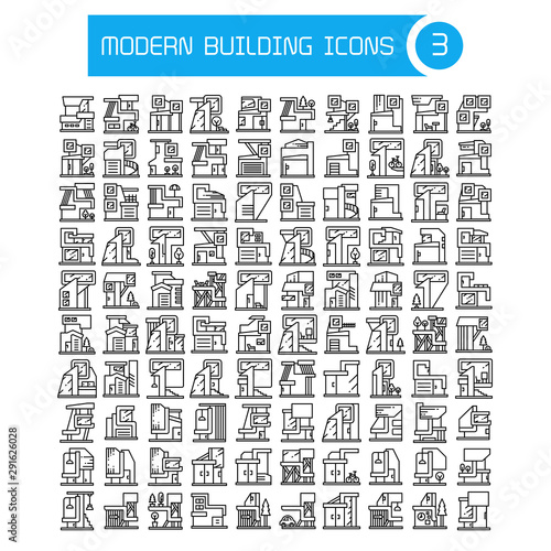 modern building and house, modern architecture design line icons