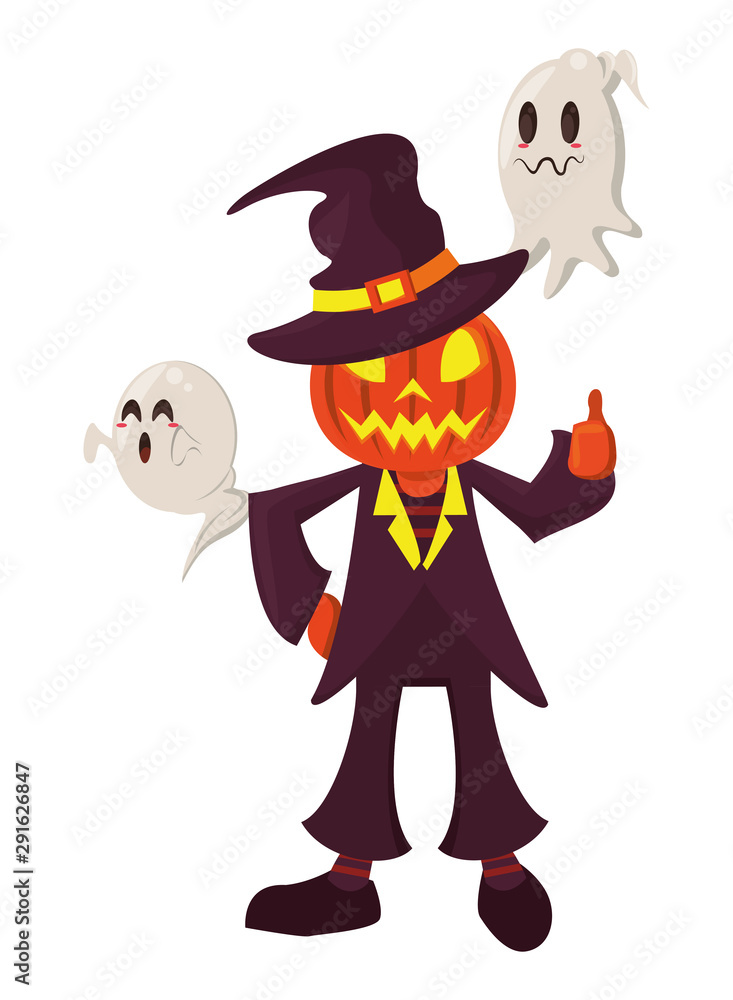 funny costume of pumpkin with witch hat character