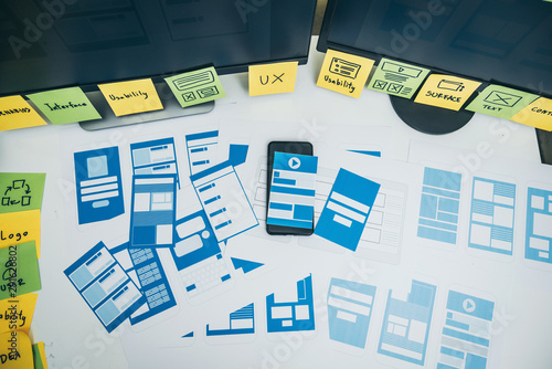 Developing wireframe UX UI mobile application design.