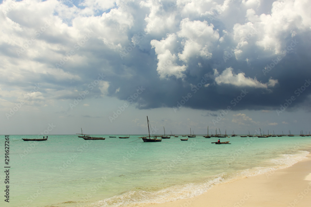 Zanzibar. Beautiful tropical beach under gloomy skystorm