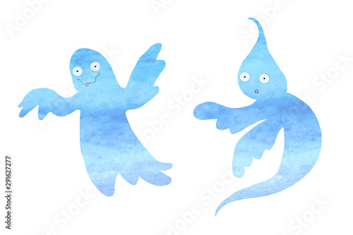 Cute watercolor ghost. Halloween symbol. Hand drawn. Hand painted Halloween illustration isolated on white background. Magic characters for design  print or background