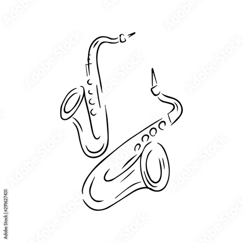 Continuous line drawing of saxophone isolated vector art. Musical instrument for decoration, design, invitation jazz festival, music shop.