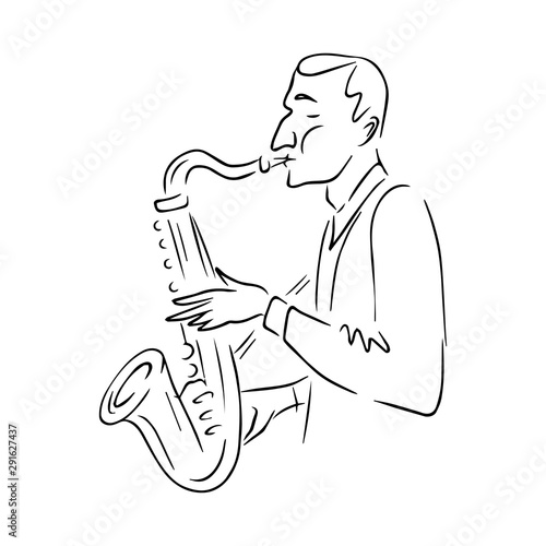 JAZZ concept, man playing the saxophone, music illustration, hand drawn, sketch logo