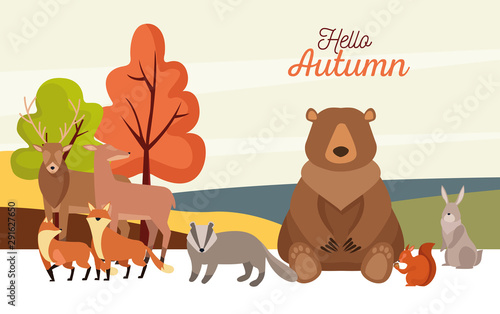 hello autumn season scene with group animals