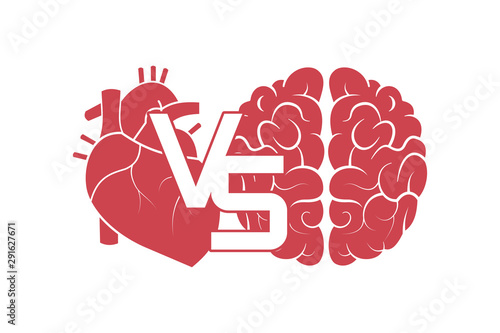 Heart vs brain, logic and feel choice concept, flat style icon. isolated on white background