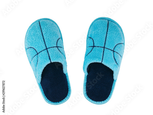 Pair of blue Slippers with dark blue embroidery isolated on white background.