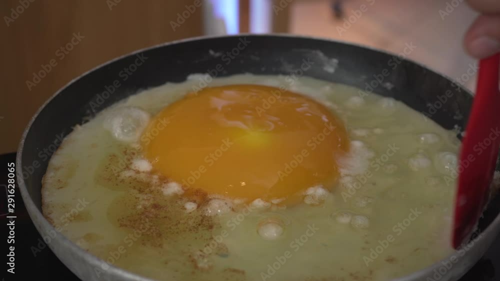 spatula unsticking the side of a big ostrich egg being cooked in a pan spatula unsticking the side of a big ostrich egg being cooked in a pan