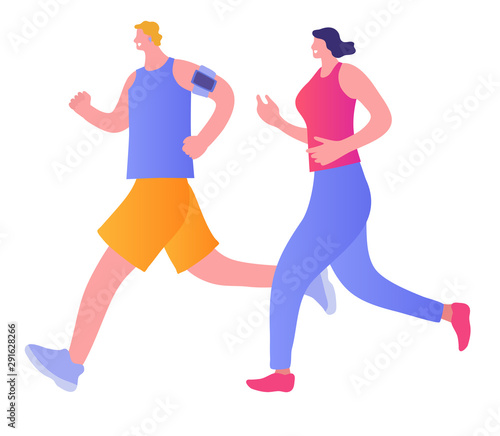 Happy couple running. Man and woman is engaged in fitness. Morning jogging. Active and healthy lifestyle. Vector illustration in cartoon style