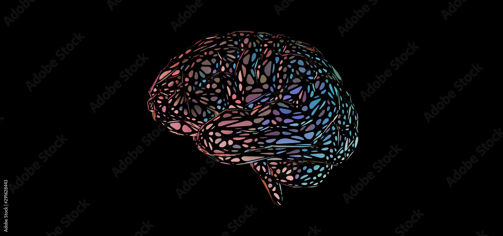 Naklejka premium Colorful pink and blue brain glowing in dark BG
